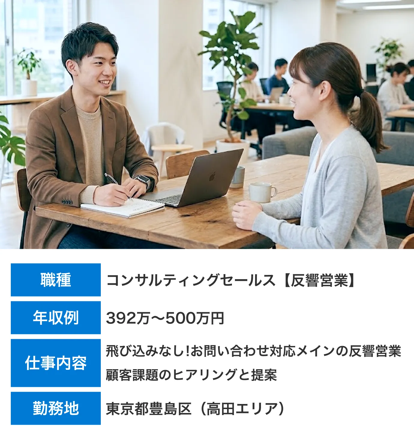 職種:コンサルティングセールス【反響営業】　年収例：392万～500万円　仕事内容：飛び込みなし！お問い合わせ対応メインの反響営業。顧客課題のヒアリングと提案　勤務地：東京都豊島区（高田エリア）