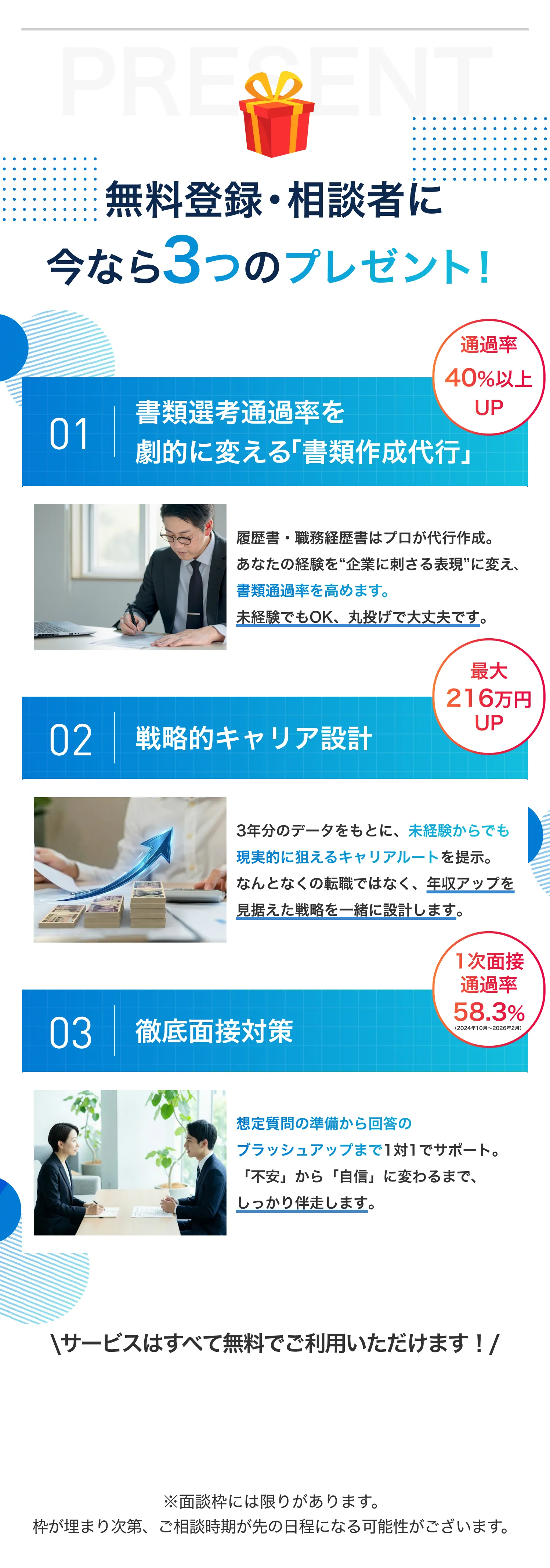 無料登録・相談者に今なら3つのプレゼント！　01：書類選考通過率を劇的に変える「書類作成代行」 履歴書・職務経歴書はプロが代行作成。あなたの経験を“企業に刺さる表現”に変え書類通過率を高めます。未経験でもOK、丸投げで大丈夫です。 02：戦略的キャリア設計 3年分のデータをもとに、未経験からでも現実的に狙えるキャリアルートを提示。なんとなくの転職ではなく、年収アップを見据えた戦略を一緒に設計します。 03：徹底面接対策 想定質問の準備から回答のブラッシュアップまで1対1でサポート。「不安」から「自信」に変わるまで、しっかり伴走します。　サービスはすべて無料でご利用いただけます！※面談枠には限りがあります。枠が埋まり次第、ご相談時期が先の日程になる可能性がございます。